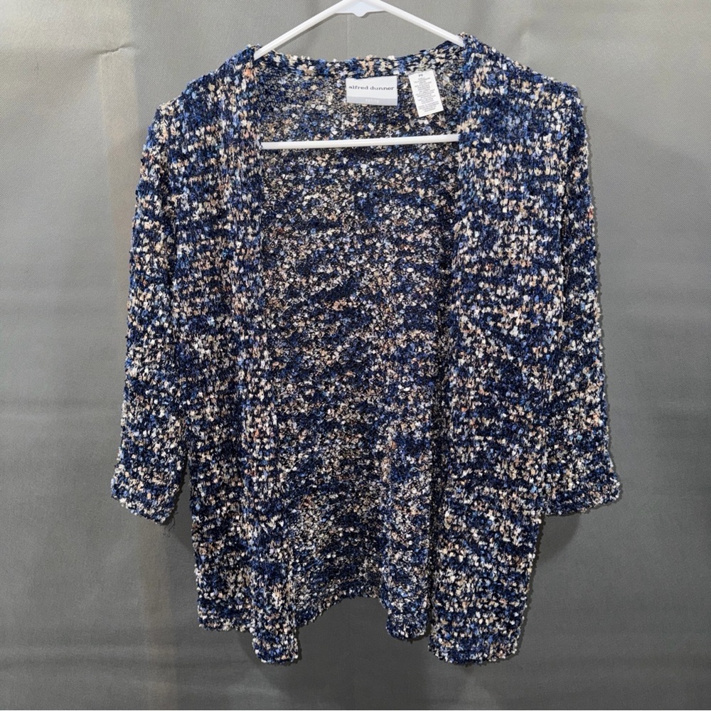 Alfred Dunner Cardigan Metallic & Blue 3/4 Sleeve-Open Front Cardigan Sz PS